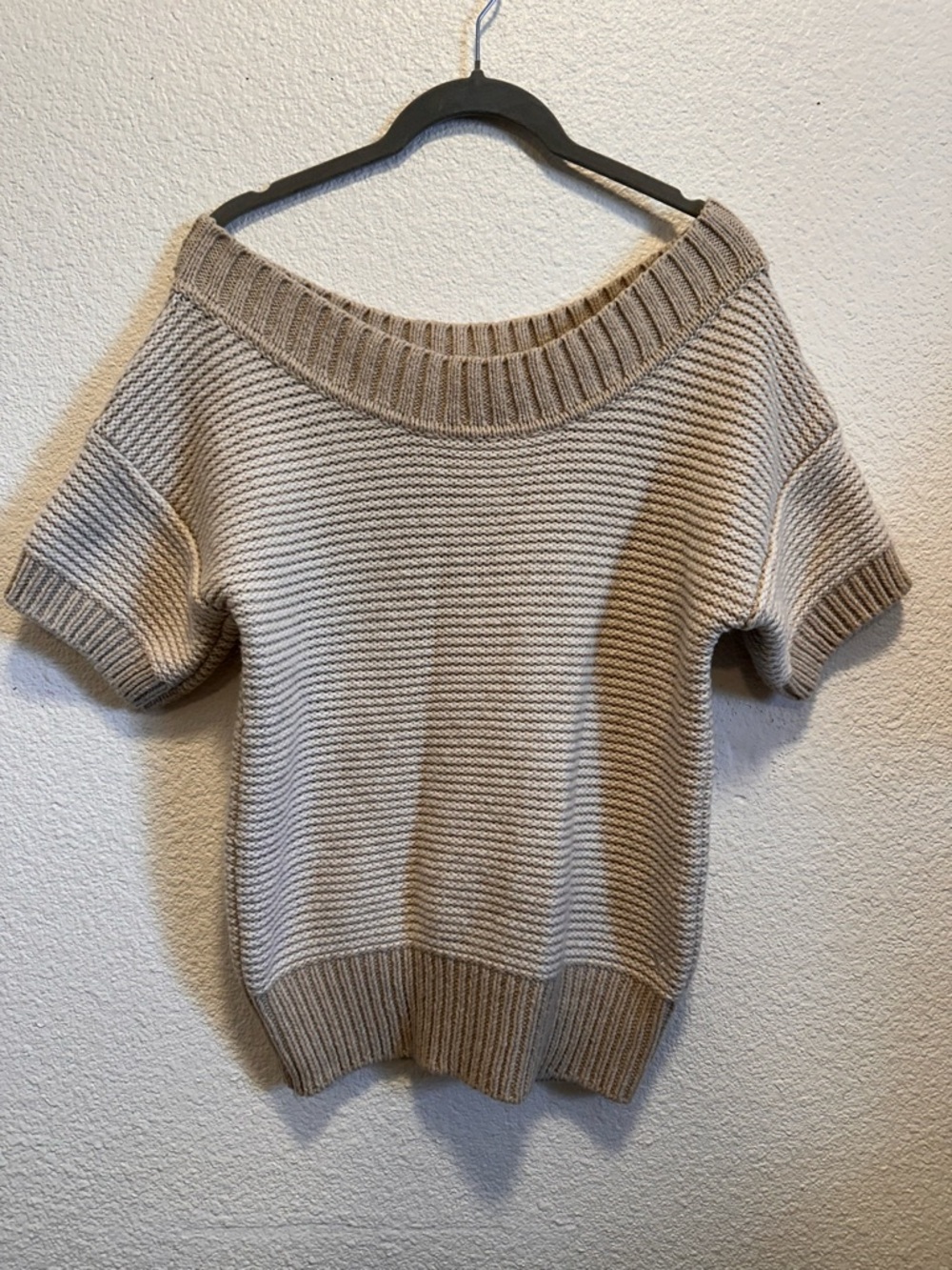 American Eagle Outfitters Off-Shoulder Short-Sleeve Knit Sweater in Beige